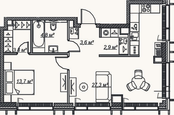 Планировка: 2-к, 55,7 м²