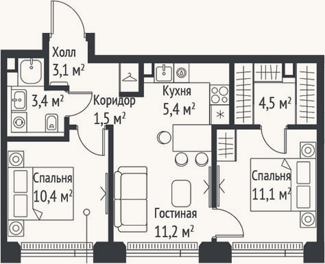 Планировка: 3-к, 50,7 м²