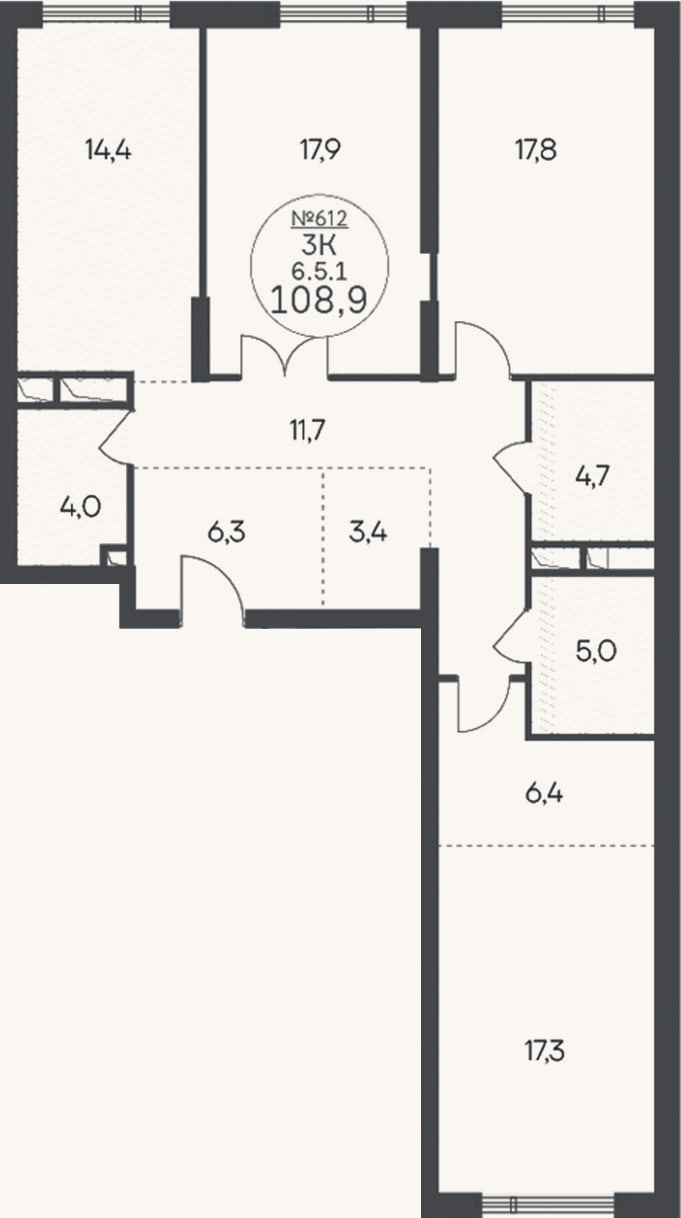 Планировка: 3-к, 108,9 м²