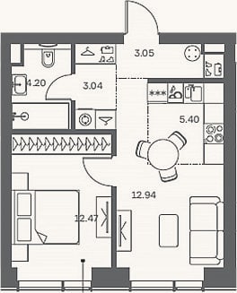 Планировка: 2-к, 41,1 м²