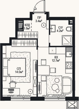 Планировка: 2-к, 35,9 м²