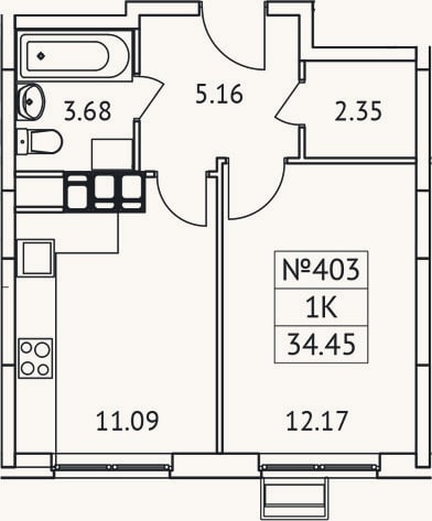 Планировка: 1-к, 34,5 м²