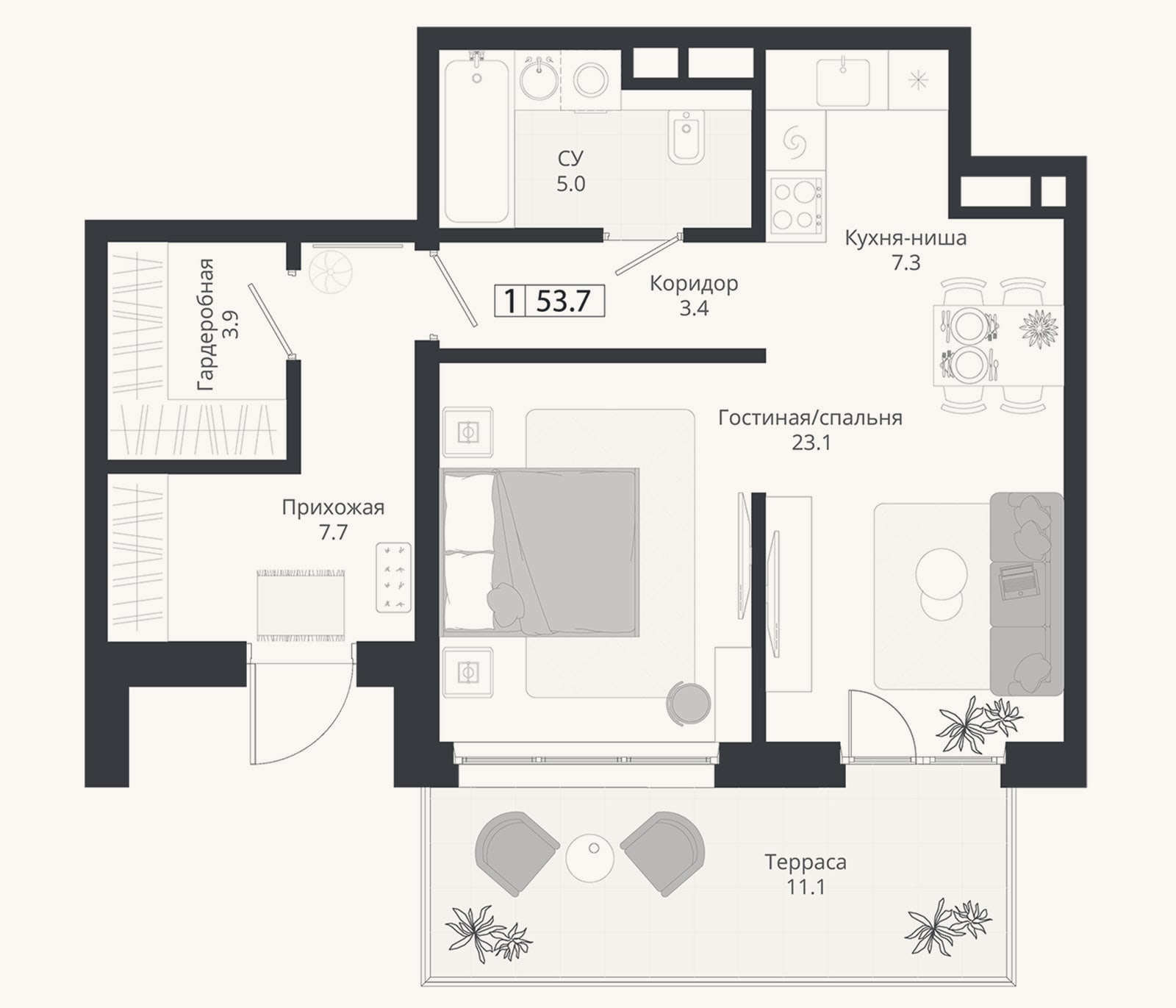Планировка: Студия, 50,4 м²