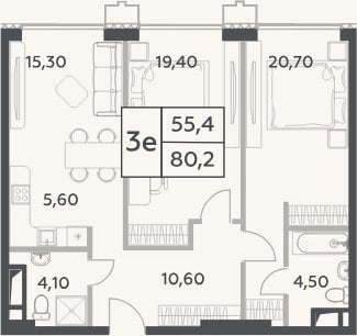 Планировка: 3-к, 80,2 м²