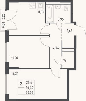 Планировка: 2-к, 50,4 м²