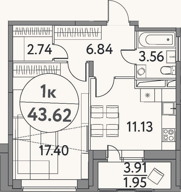 Планировка: 1-к, 41,7 м²
