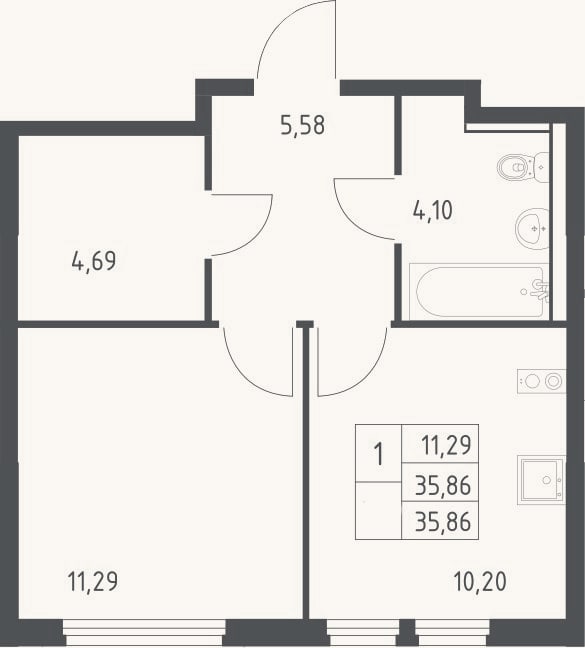 Планировка: 1-к, 35,9 м²