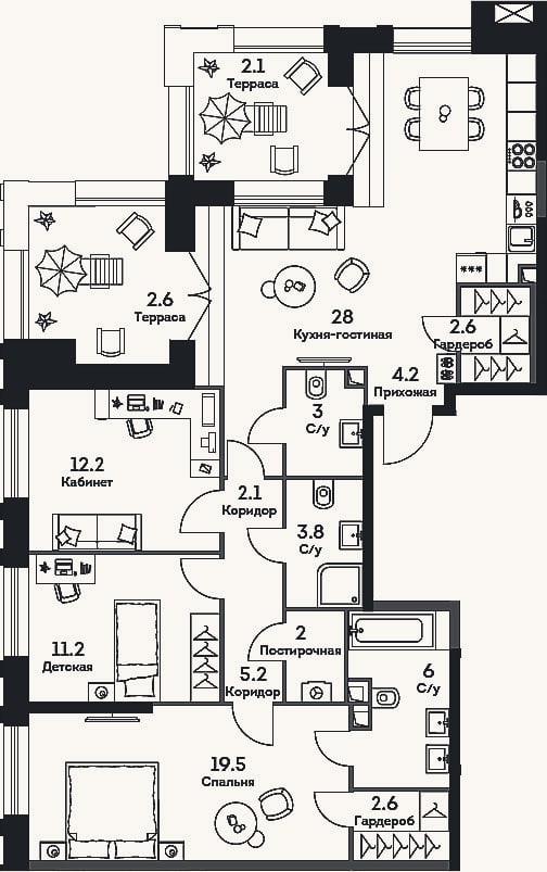 Планировка: 4+ к, 102,4 м²