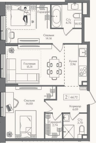 Планировка: 3-к, 66,7 м²