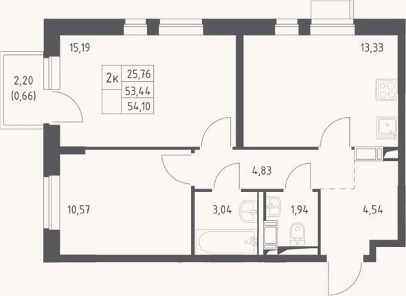 Планировка: 2-к, 53,4 м²