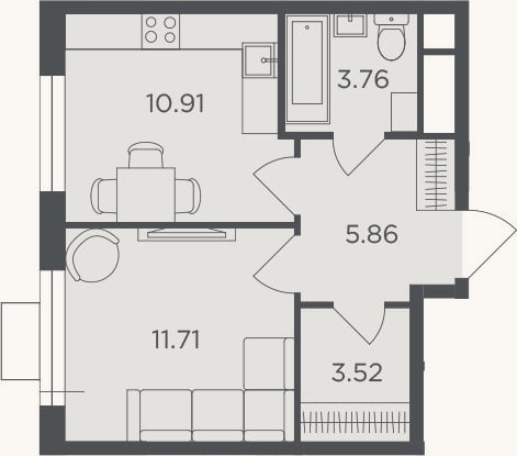 Планировка: 1-к, 35,8 м²