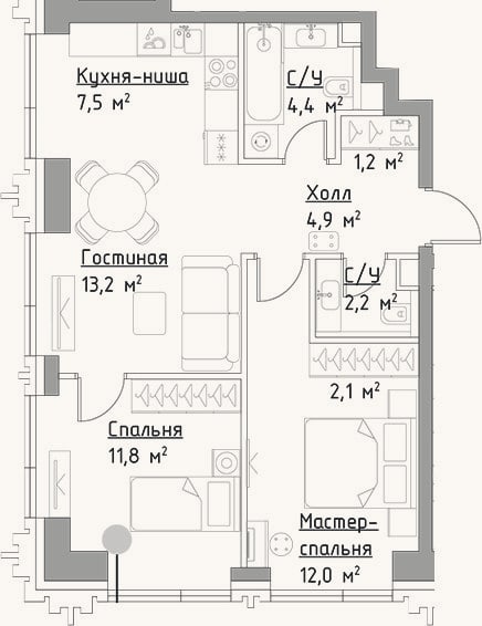 Планировка: 3-к, 59,3 м²