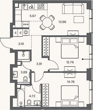 Планировка: 3-к, 62,8 м²