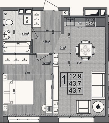 Планировка: 2-к, 43,7 м²