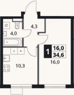Планировка: 1-к, 34,6 м²