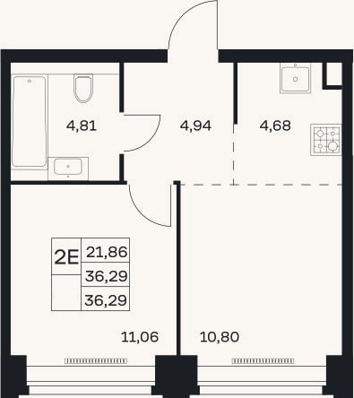Планировка: 2-к, 36,3 м²