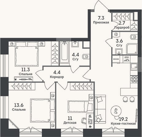 Планировка: 4+ к, 77,5 м²