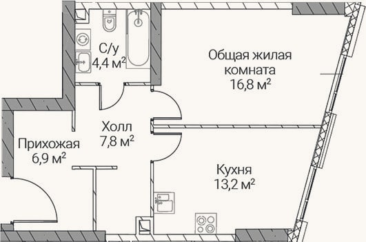 Планировка: 1-к, 49,1 м²