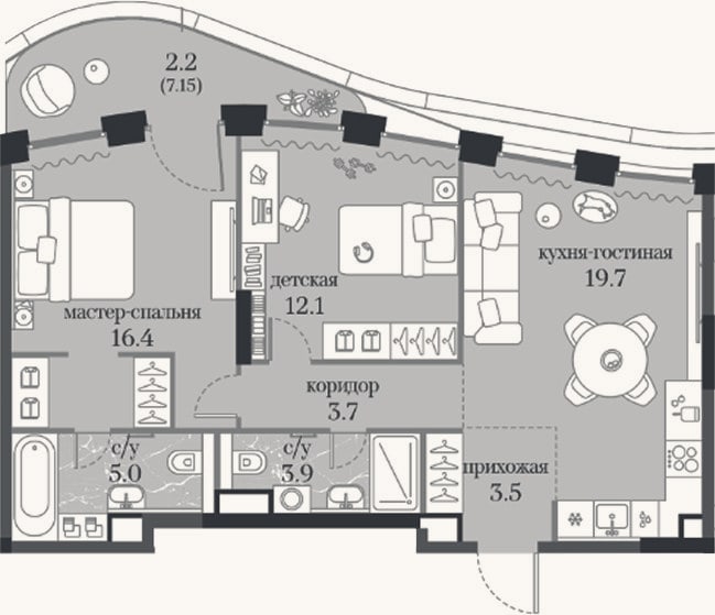 Планировка: 2-к, 64,3 м²