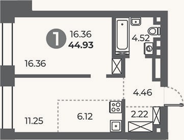Планировка: 1-к, 44,9 м²