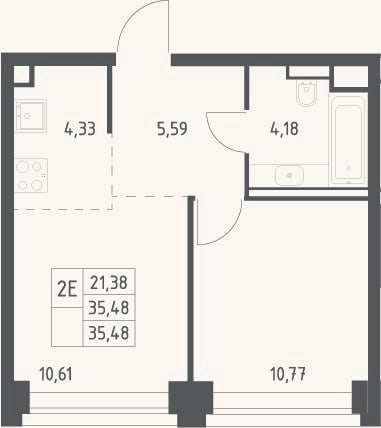 Планировка: 2-к, 35,5 м²