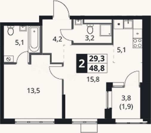 Планировка: 2-к, 46,9 м²