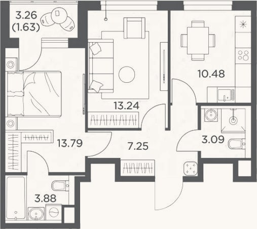 Планировка: 2-к, 51,7 м²