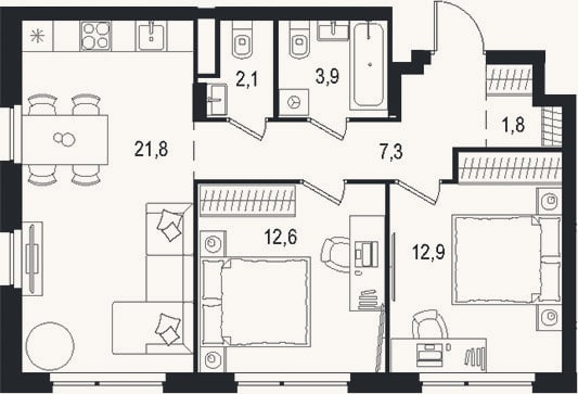 Планировка: 3-к, 62,4 м²