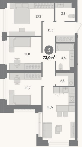 Планировка: 3-к, 73 м²