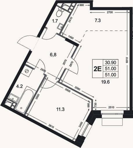 Планировка: 2-к, 51 м²