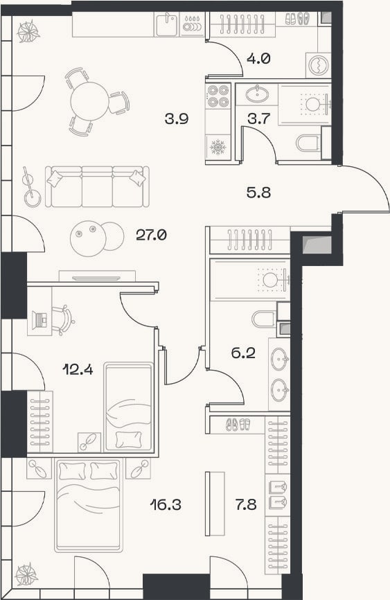 Планировка: 3-к, 87,1 м²