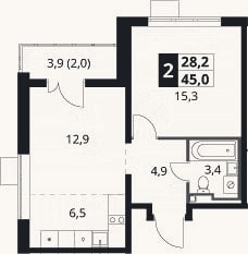 Планировка: 2-к, 43 м²