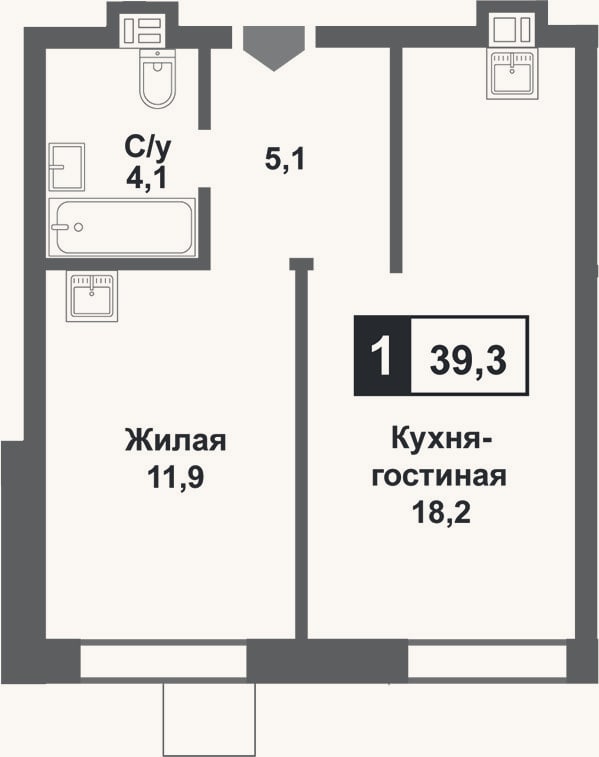 Планировка: 2-к, 39,3 м²