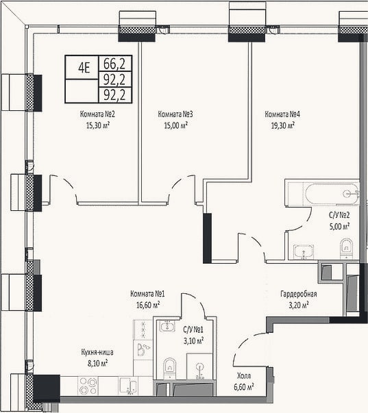 Планировка: 4+ к, 92,2 м²