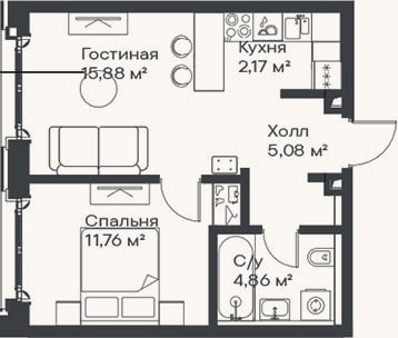 Планировка: 2-к, 39,8 м²