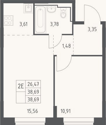 Планировка: 2-к, 38,7 м²
