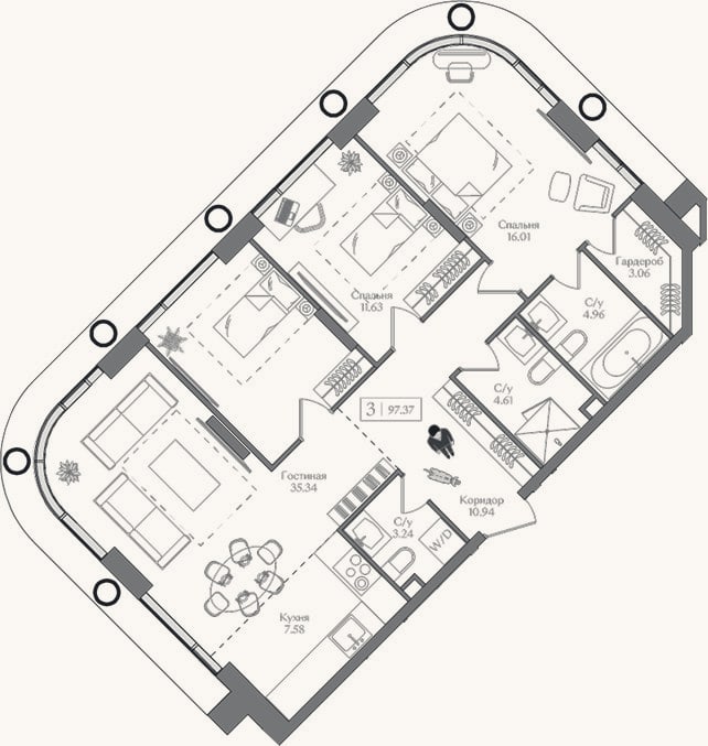 Планировка: 4+ к, 97,4 м²