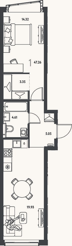 Планировка: 1-к, 47,3 м²