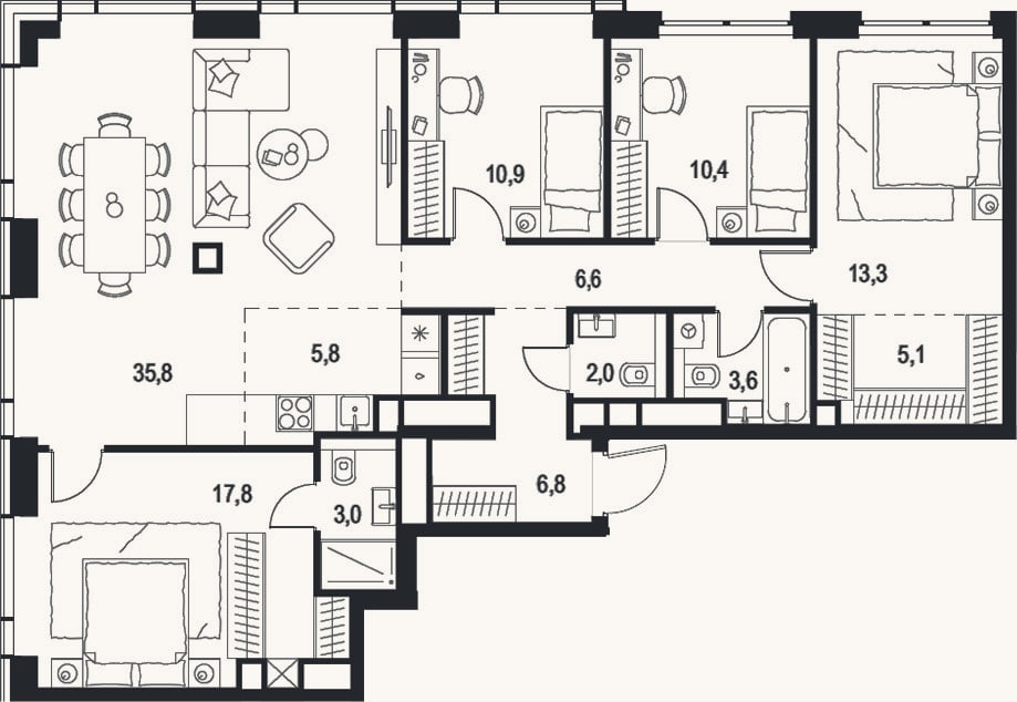 Планировка: 4+ к, 121,1 м²