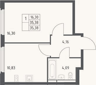 Планировка: 1-к, 35,4 м²