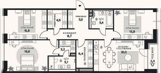 Планировка: 3-к, 109,1 м²