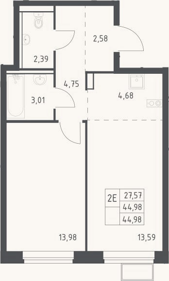 Планировка: 2-к, 45 м²
