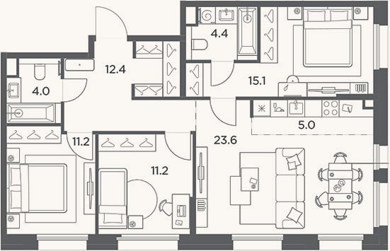 Планировка: 4+ к, 86,9 м²