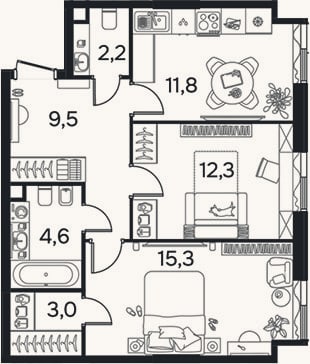 Планировка: 2-к, 58,7 м²