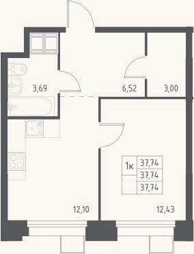 Планировка: 1-к, 37,7 м²