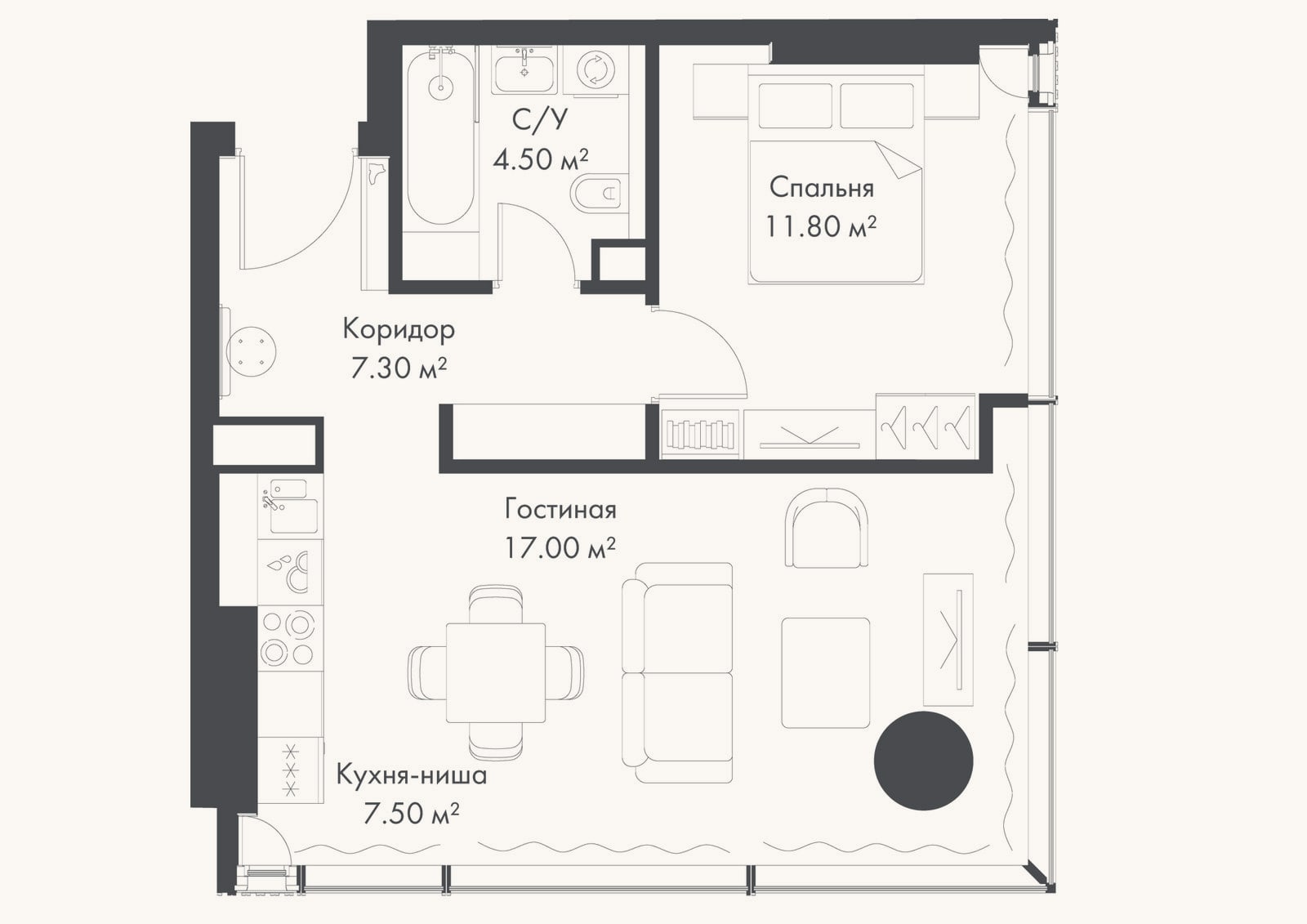 Планировка: 2-к, 48,1 м²