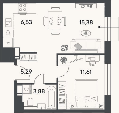 Планировка: 2-к, 42,7 м²