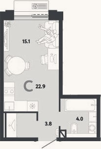 Планировка: Студия, 22,9 м²