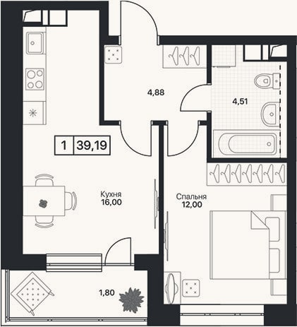 Планировка: 1-к, 37,4 м²
