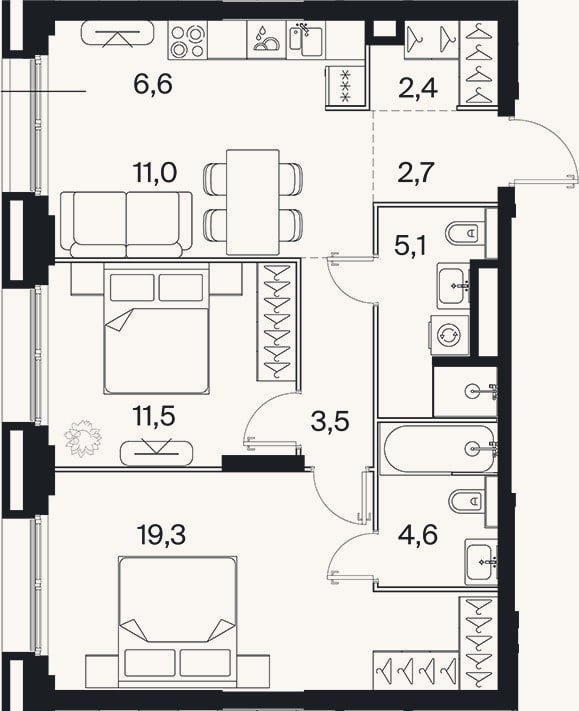 Планировка: 3-к, 65,7 м²